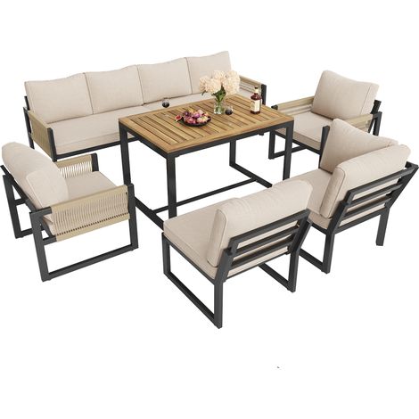 ELVMI Gartenlounge Set mit 2 Zweisitzer-Sofas, 2 Sesseln, 1 Mittelmodul, 1 Eckmodul und 1 Tisch, Metall und Polyester, Beige (1/5)