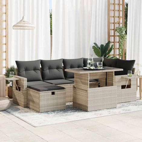 7-tlg. Garten-Sofagarnitur mit Kissen Hellgrau Poly Rattan (1/5)