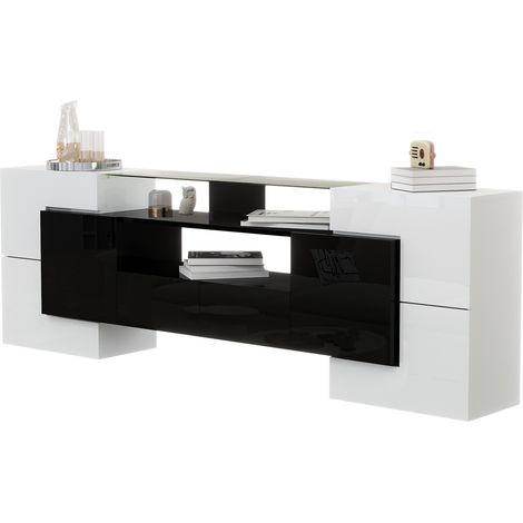 Meuble TV bas 200 cm blanc et noir brillant, façade en verre, LED multicolore pilotable par application, 6 portes, 2 tiroirs, 3 niches – CHICFURN (1/5)