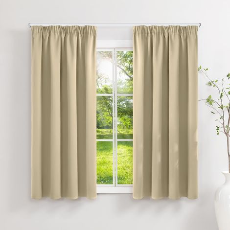 Thermal Insulated Blackout Curtains 140 x 160 cm (L x H) Set of 2 with Ruffled Braid, Anti-Cold and Heat, Opaque Curtains, Anti-UV, Interior Decoration, Bedroom, Living Room, Beige (1/5)