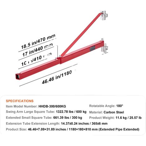 Bras de support de treuil électrique, capacité de charge de 1320 lbs, réglage de l'angle à 180°, 1320 lbs