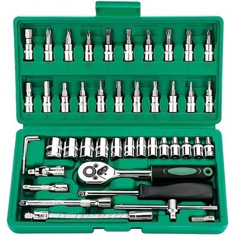 Coffret Douilles - 46 Pièces SAE/Métrique - Clés à Cliquet 1/4 Pouces - Outils Réparation Automobile et Bricolage - Avec Extensions Rigides et Flexible