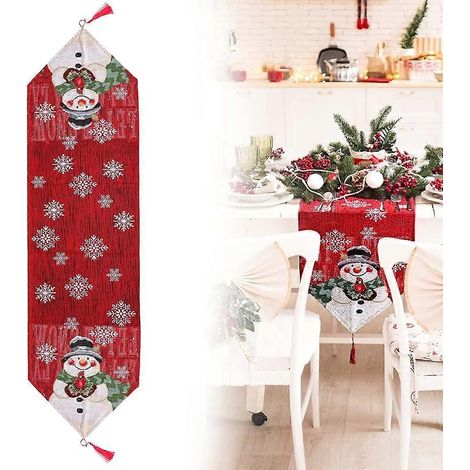 Chemin de table de Noël, nappe rouge de Noël, longue nappe rectangulaire à motifs de flocons de neige et de bonhomme de neige, 33 x 183 cm (1/5)