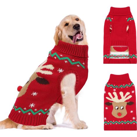Pull de Noël pour Chien, Motif Renne et Flocon de Neige avec Trou pour Laisse, vêtements Classiques à col roulé pour Grands Chiens (Taille L) (1/5)