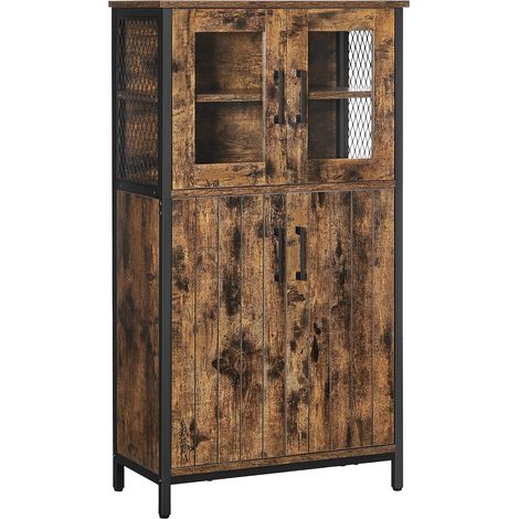 Vasagle – Buffet industriel en acier et verre – 60 x 30 x 108 cm – Marron rustique et noir – Étagères réglables et pieds ajustables