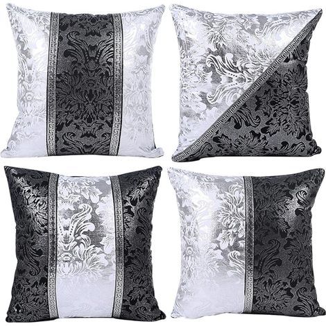 BRAVIX Housse de Coussin Licorne Géométrie Feuilles et Fleur Motif Taie d'oreiller pour Canapé Maison Salon Chambre Décoration D'intérieur, 45x45cm, Ensemble de 4 pièces(Porcelaine Noire et Blanche) (1/4)