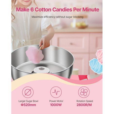 Machine à barbe à papa électrique sur chariot 1000W, confiseuse pro bol acier inox 52cm, cuillère sucre tiroir, simple usage, maison anniv enfant fête famille rose (1/5)