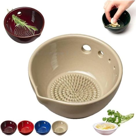 Bol à herbes - Broyeur à ail 2 en 1 - 5 trous de tailles différentes - Idéal pour la préparation de salades - Ustensile de cuisine - Beige (1/5)