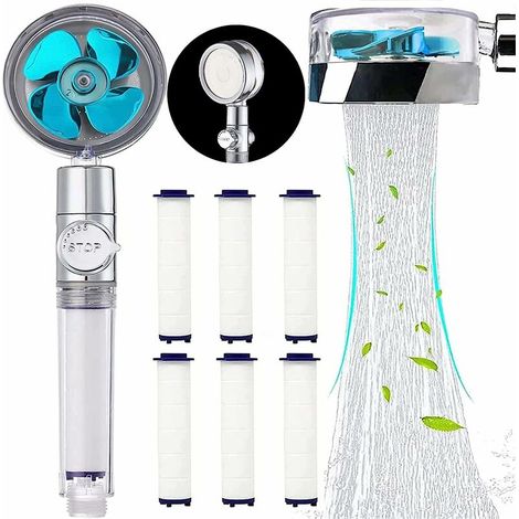 Soffione doccia anticalcare Helix360, girevole ad alta pressione, sistema filtrazione 3 livelli, 6 cuscinetti PP blu (1/5)