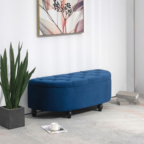 Pouf de Rangement Coffre 2 en 1 - capitonné Demi-Cercle - Pieds Bois hévéa revêtement Velours - noir bleu