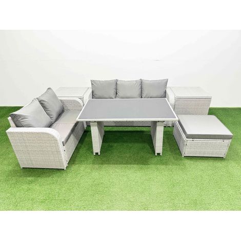 Fimous Garden Furniture Set PE Ratten Garden Sofa Set with Rectangular Dining Table Big Stool 2 Side Tables Light Grey (1/4)