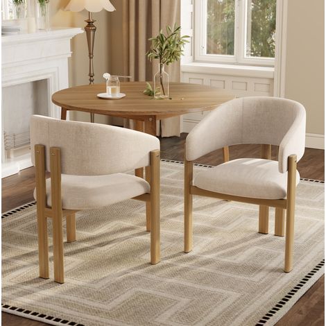 2 chaises de salle à manger en métal effet bois avec accoudoirs, tissu en lin beige, style moderne (1/5)