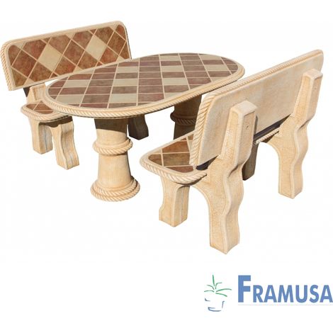 CONJUNTO COMEDOR PIEDRA OVALADO JARDIN MINI OLMO GRES CON AZULEJOS OCRE