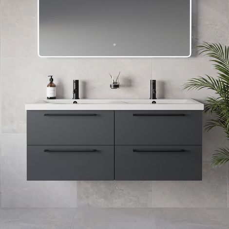 Napoli 390 Gloss Grey 1200mm Wall Mounted 4 Drawer Vanity Unit with Double Glide Basins - 1200mm - Matt Black 320mm Handle