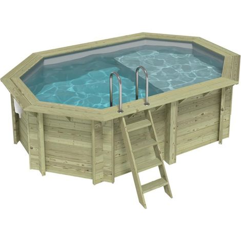 Piscina in legno NEMO 4.3 x 3 – H.1.18 m con spiaggia, grigio, con supporti da cementare - BAS7302OSPI2+PLA302