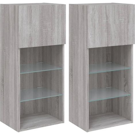 Lot de 2 meubles TV muraux avec rangement éclairage LED 40,5 x 30 x 90 cm en bois d'ingénierie gris (1/5)