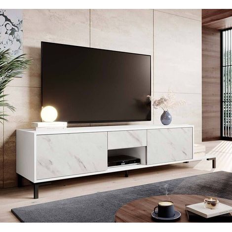 Bb-Loisir – Meuble TV effet marbre blanc 195x48x40 cm – Panneau stratifié mat 16 mm – Système d'ouverture push-click – Charge max 35 kg (1/5)