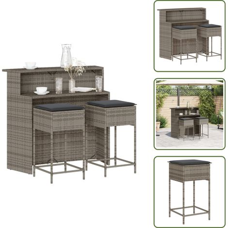 3-tlg. Gartenbar-Set mit Kissen Grau Poly Rattan - Gartenmöbel - Outdoor Möbel - Gartenbar Set - Bar Set - Rattan Gartenmöbel (1/5)