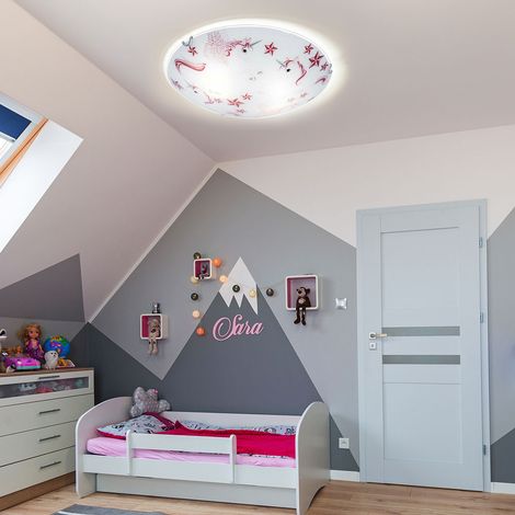 Deckenleuchte LED Kinderleuchte Deckenlampe Mädchen Kinderzimmer rund, Glas Einhorn Sterne weiß rosa, 16W 960lm warmweiß, D 30 cm