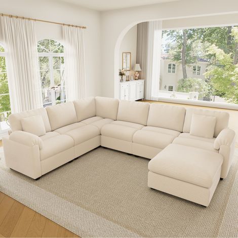 canapé panoramique 7 places,canapé d'angle modulaire en U ou L,revêtement en velours côtelé,repose-pieds mobile,assise en mousse et ressorts ensachés,canapé XXL pour salon,coloris beige (1/5)