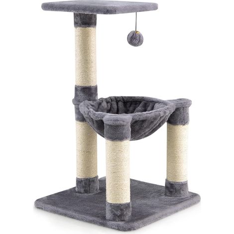 GOPLUS Arbre à Chat 64 CM en Bois Recouvert Peluche, Poteaux en Sisal, Nid Confortable, Boule Suspendue, Gris (1/5)