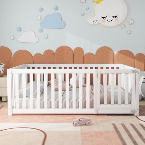 Lit enfant 140x200 cm avec barrière de sécurité, sans sommier à lattes, sans matelas, en bois de pin, blanc