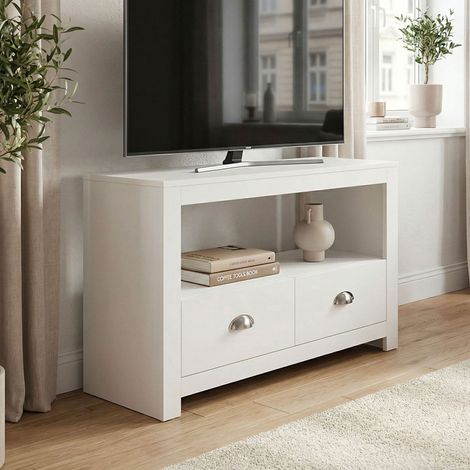 Meuble TV droit 2 tiroirs 1 niche 85x39x58 cm décor blanc et argenté (1/5)