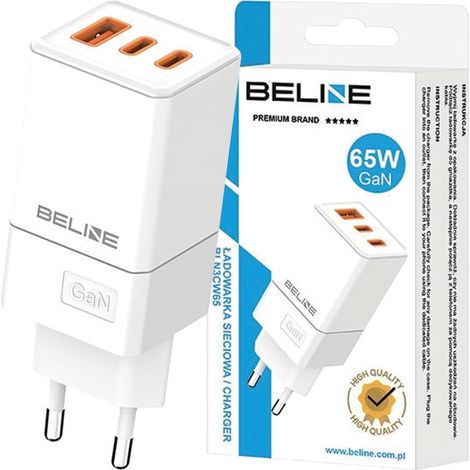 Chargeur réseau Beline 2 ports USB-C + 1 port USB 65 W blanc (embout uniquement) PD 3.0 + QC 3.0 BLN3CW65 GaN (1/2)