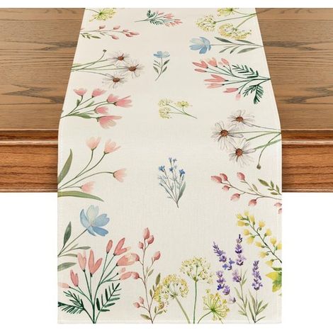 Chemin de table fleuri – Chemin de table – Chemins de table en tissu – Set de table – 33 x 180 cm – Lin – Beige (1/5)