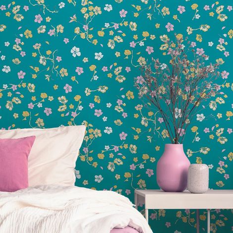 papier peint fleurs turquoise, jaune, rose, vert et blanc - Livingwalls (1/5)
