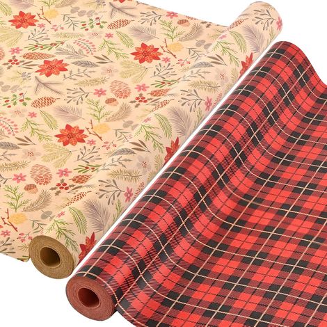 2 Rouleau Kraft Papier Cadeau de Noël, 43cm×15m Recyclable Papier d'Emballage pour Enfant Emballage des Cadeaux de Noël, Décoration de Fete(N: Végétatif/Tartan Vintage Rouge et Noir) (1/5)