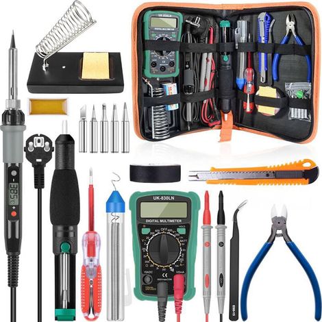 Fer À Souder - 80 W - Régulation De Température 200-450 °C - Kit Complet Avec Multimètre Numérique DMM - Support Éponge - Pompe À Dessouder - Sac PU Portable (1/5)