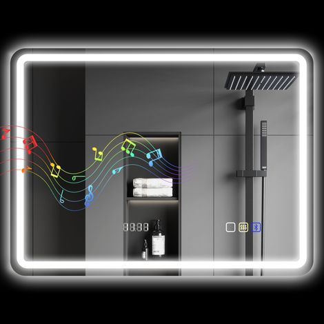 Miroir de salle de bain LED Bluetooth, 3 couleurs, horloge numérique, antibuée et mémoire, 80 x 60 cm, argenté (1/5)