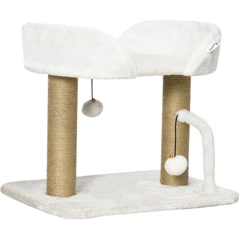 Arbre à chat design avec griffoir, 2 pompons suspendus, 2 poteaux en sisal, plateforme en peluche et sisal, 48 x 38 x 42 cm, beige (1/5)