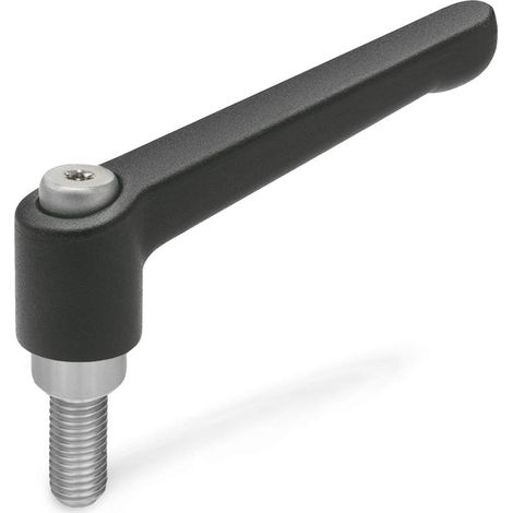 Ganter Norm elementi  Regolabile Leva di bloccaggio in acciaio con vite filettata – GN 300.1  manico lunghezza: 45 mm  vite inserto e vite di fissaggio in acciaio inossidabile  manico di zinco pressof