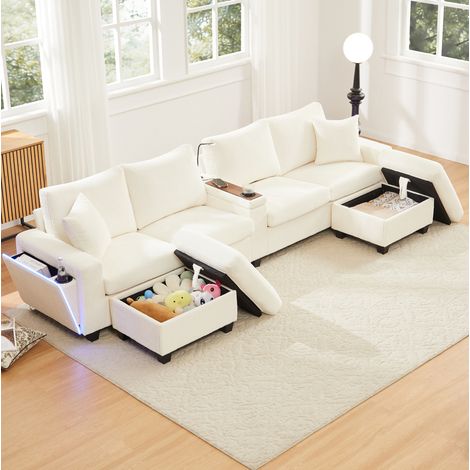 Divano dritto in velluto a coste (panno), con 2 pouf, lampada da lettura, USB/Type-C e LED, beige, 334x128,5x81 cm (1/5)