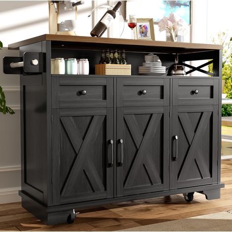 Isola da cucina 118 x 43-80 x 98 cm nera con piano pieghevole, ampia capienza e ruote girevoli (1/5)