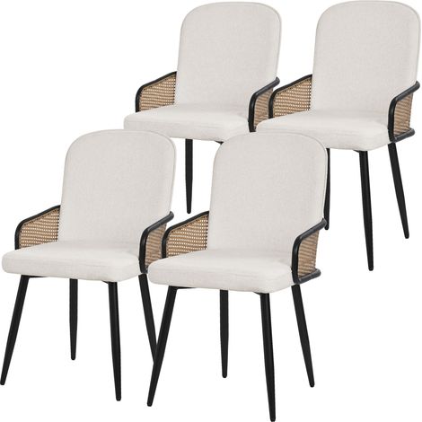 ML-Design Lot de 4 Chaises de Salle à Manger en Tissu Beige, Accoudoirs en Rotin et Pieds en Métal Noir, Assise Rembourrée Confortable, Fauteuils Ergonomiques de Cuisine ou Salon, Style Scandinave (1/5)
