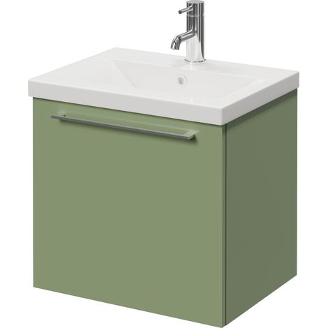 Napoli 390 Olive Green 500mm Wall Mounted Single Drawer Vanity Unit with Glide Basin - 500mm - Chrome 320mm Handle