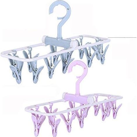 Clothes Drying Racks 2 Pack Small Folding Portable Underwear Hangers with Clips Socks 12 Clips 360° Rotatable Hook for Drying Towels Bras Baby Clothes Gloves Plast