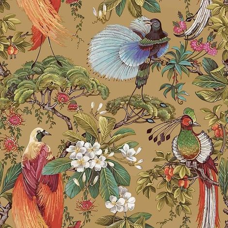 Papier Peint Oiseaux Jaune Ocre Oriental Papier Peint Fleuri Jaune Ocre Chinoiserie 44,5 cm x 300 cm Papiers Peints Decoratifs Chambre Salle de Bain Tropical Forêt Sticker Meuble Amovible (1/5)