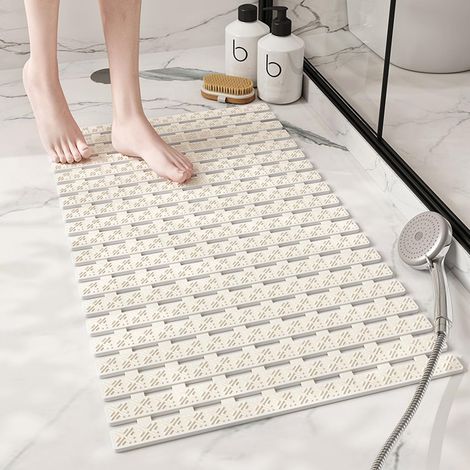 Non-slip bath mat with drainage hole and large suction cups, foot massage and convenient storage (white)