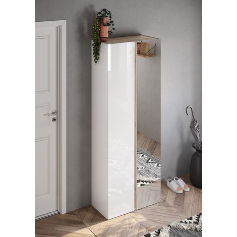 Mobile per scarpe con 8 ripiani regolabili, collezione KEY, colore bianco lucido laccato e quercia cadiz