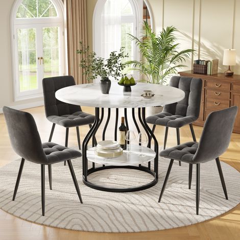 Conjunto de mesa y sillas 5 piezas, mesa redonda 80 cm, MDF efecto mármol, terciopelo gris (1/5)