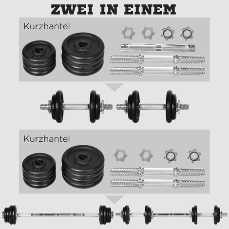 Set d'Haltères 2-en-1 20 kg, 8 disques fonte inoxydable, noir, haltères courts et barre longue, 95 x 16 x 16Hcm (1/5)