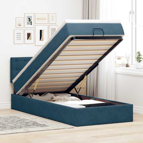 Estructura de cama otomana colchón terciopelo azul oscuro (1/5)