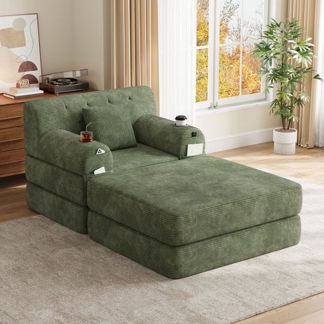 Chauffeuse Convertible 1 Place Velours Côtelé avec Pouf Foncé - Fauteuil Lit de Relaxation Canapé d'Appoint sans Montage pour Salon Chambre - Vert (1/5)
