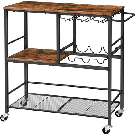 Chariot de Bar, Chariot de Cuisine avec Porte-Bouteilles et Porte-gobelets, Chariot de Service à 3 Niveaux, pour Salle à Manger, Salon, Bar, Marron Rustique et Noir (1/5)