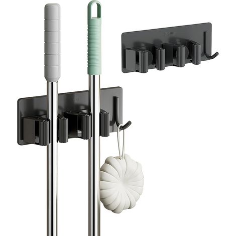 Soporte para escobas de acero inoxidable, colgador de pared sin taladrar, con 2 ranuras y 1 gancho para cocina, baño, jardín y garaje, 2 unidades, color negro