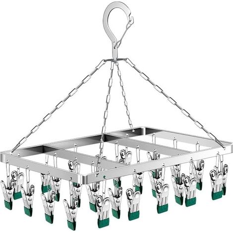 Pivotant Coupe-Vent accroche-Chaussettes, Cintre à Chaussettes pour Corde à Linge, Séchoir à Chaussettes en Acier Inoxydable Crochet tournant, 26 Clips Séchoir à sous-vêtements avec piquets(Vert) (1/5)